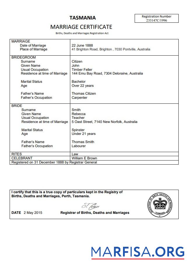 Realistic Australia Tasmania marriage certificate template in Word